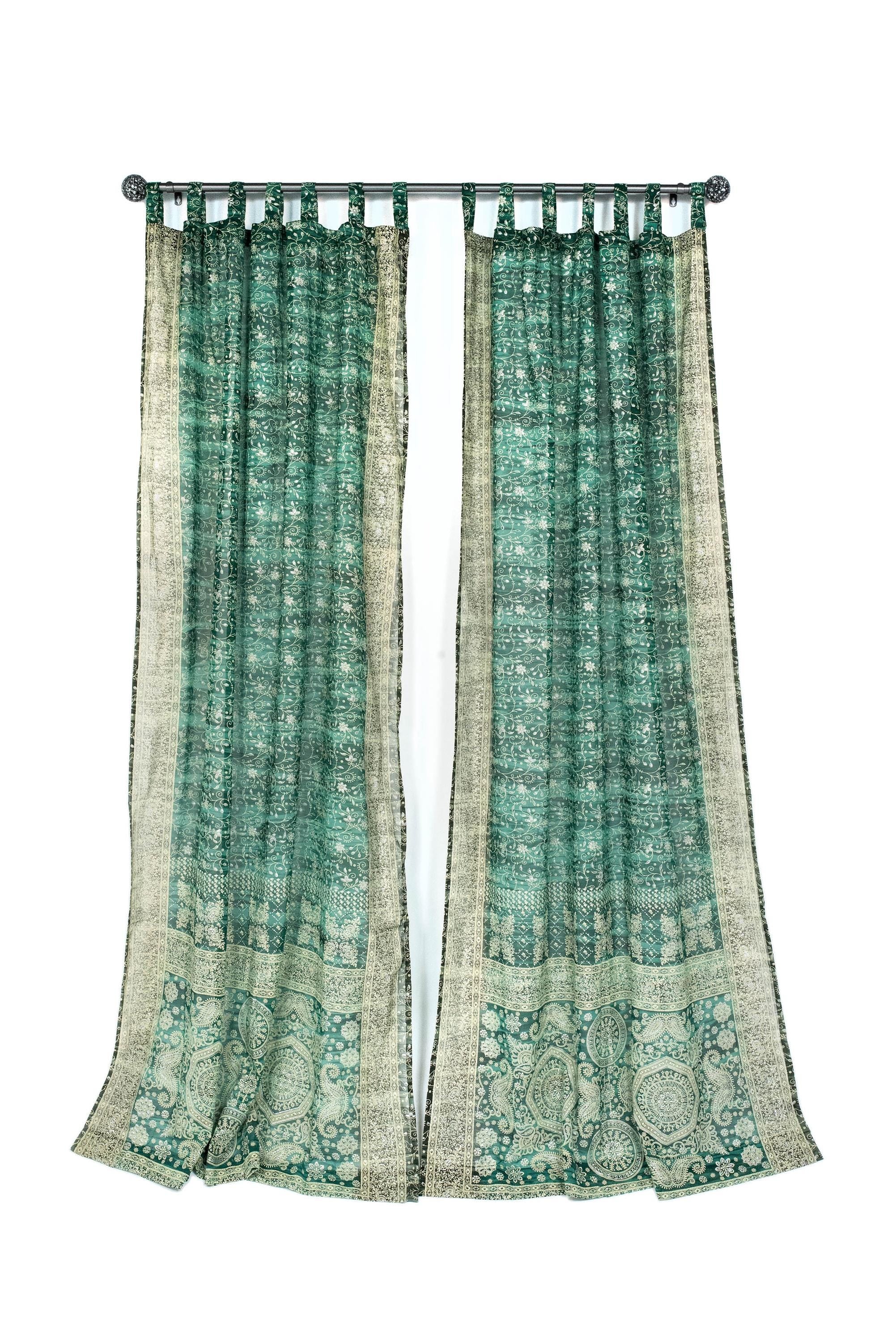 Green Pine Sari Curtain: Boho Light-Filtering Drapes with Block Print