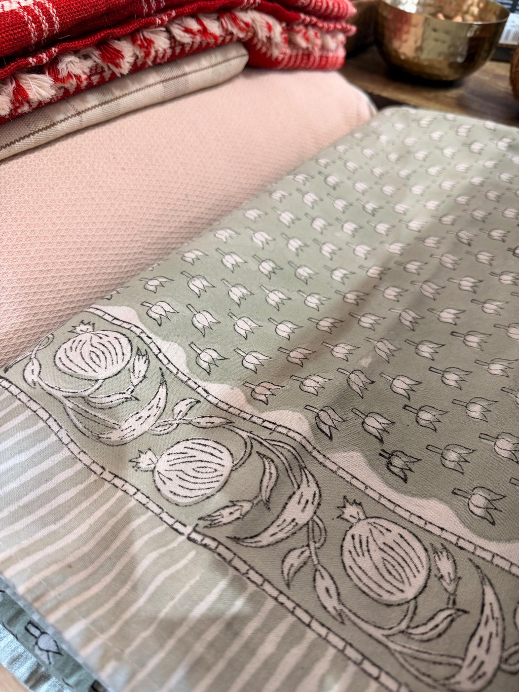 Tablecloth - Sage Lotus Design - Boho Blockprint- Handmade Cotton Table Cover - XL 120"