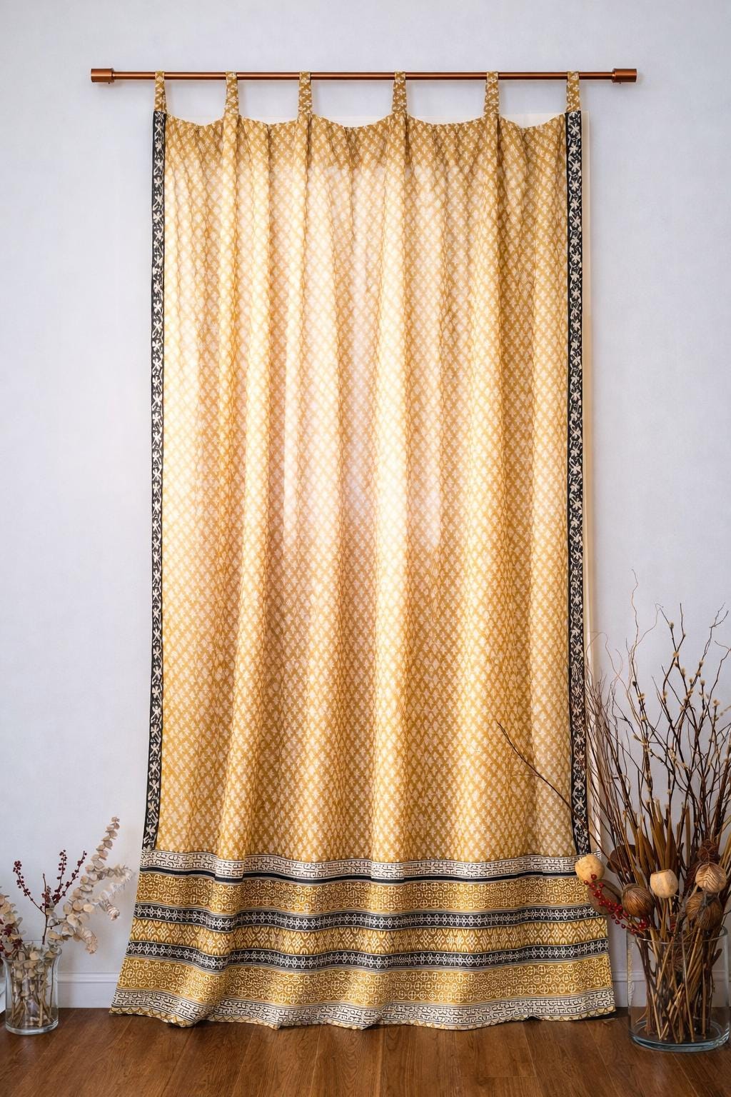 96" Block Print Rayon Curtains•Boho Tab Top Drapes with Border • Light Filtering Bohemian Style Curtain • Soft rayon Style light Curtain