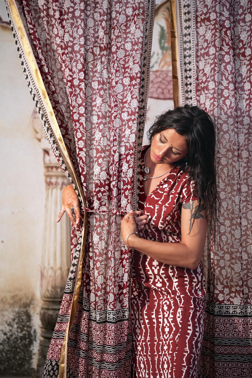 96" Block Print Cotton Curtains•Boho Tab Top Drapes with Border • Light Filtering Bohemian Style Curtain•Natural Cotton Style light Curtain