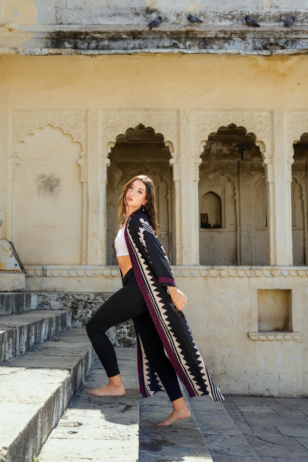 Tribal Graphic Midi Kimono – Earth Tones, Black & White and Maroon accent Bold Tribal Printed Rayon Wrap with Pockets and Sash