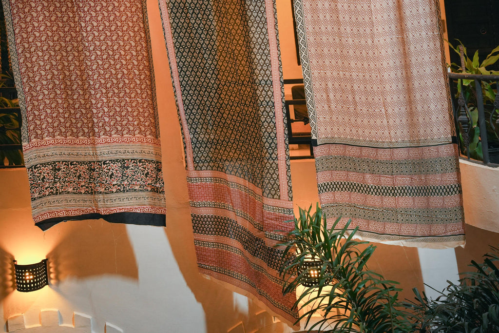 Block Print Cotton Curtains • Boho Border Drapes, Light Filtering Bohemian Style (96" Length)