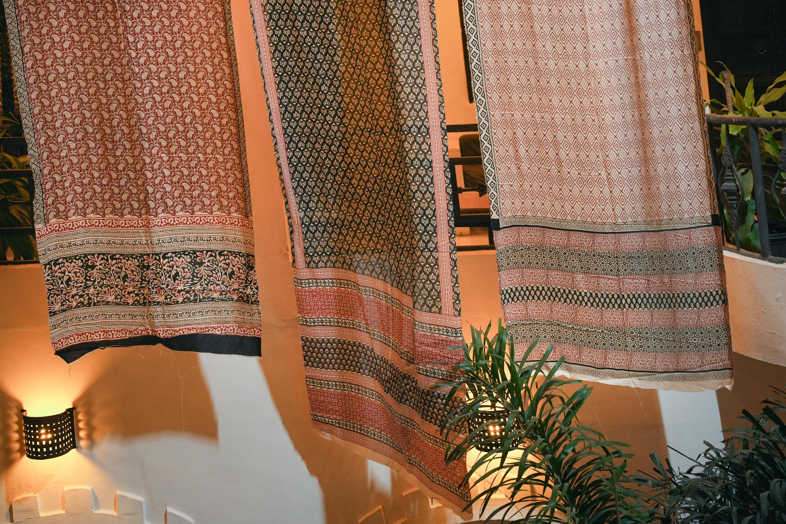 Block Print Cotton Curtains • Boho Border Drapes, Light Filtering Bohemian Style (96" Length)
