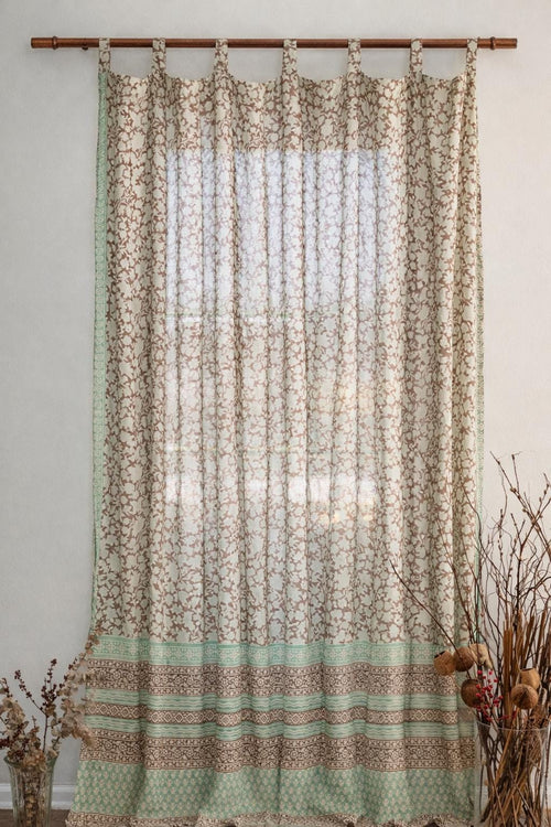 96" Block Print Cotton Curtains • Boho Tab Top Drapes with Border • Light Filtering Bohemian Style Curtain