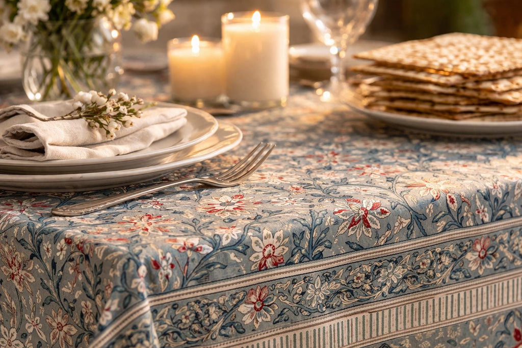 Cotton Tablecloth - Boho Blockprint- Handmade Cotton Table Cover - L 118"
