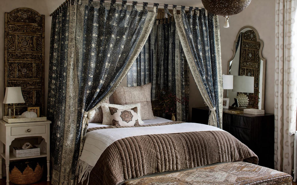 Sheer Canopy Drapes for Four Poster Bed - Luxury Sari Curtain Panels Set - Soft Light Filtering Bed Canopy - Black Sari