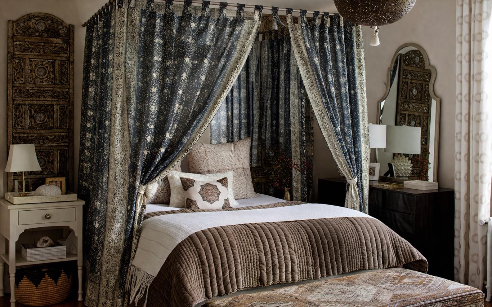 Sheer Canopy Drapes for Four Poster Bed - Luxury Sari Curtain Panels Set - Soft Light Filtering Bed Canopy - Black Sari