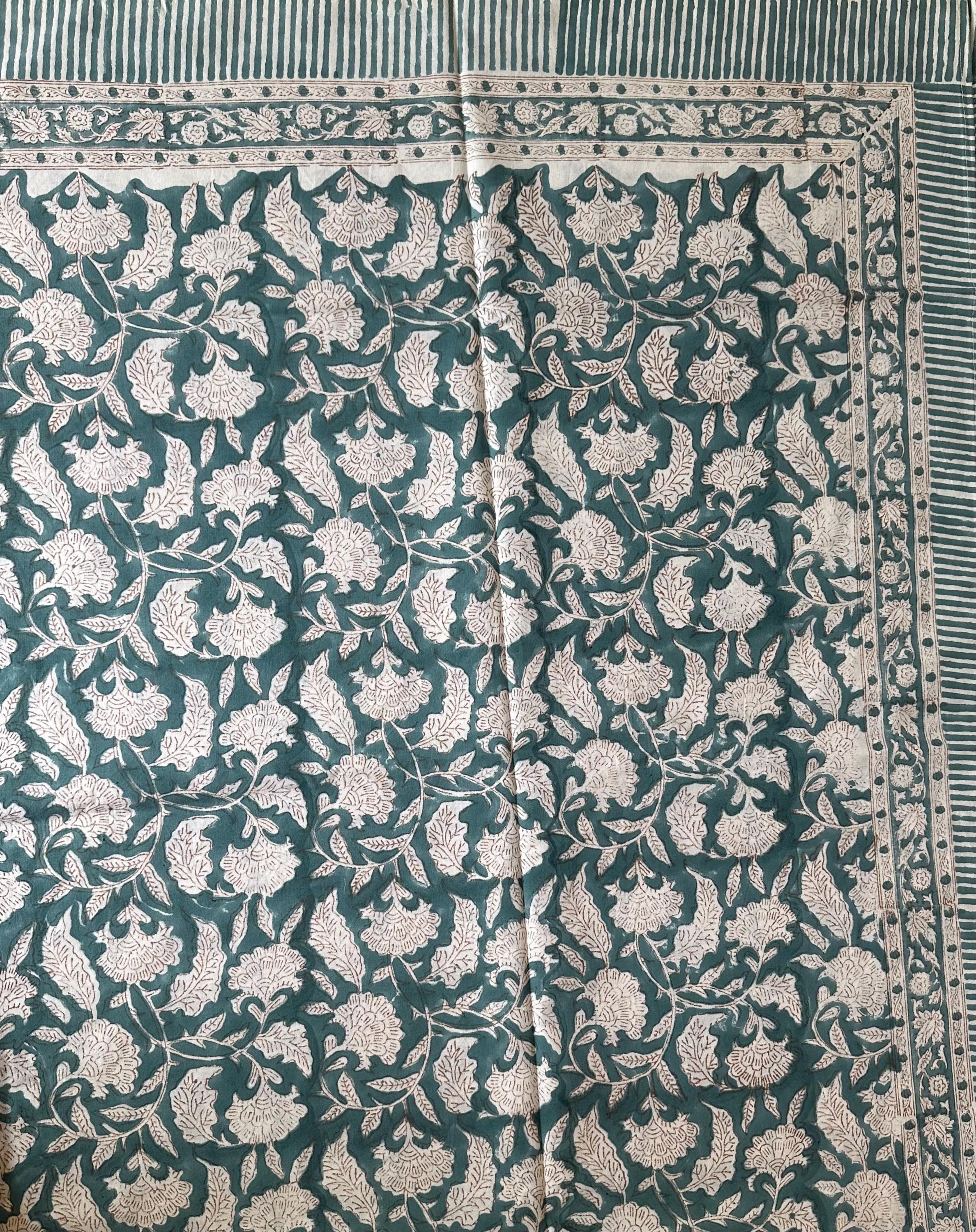 Decorative hand Block Print Tablecloth–Boho Cotton with Lush Fruit & Floral Motifs, Washable Cotton XL 120"L or 90x60w Dinner Holiday Table