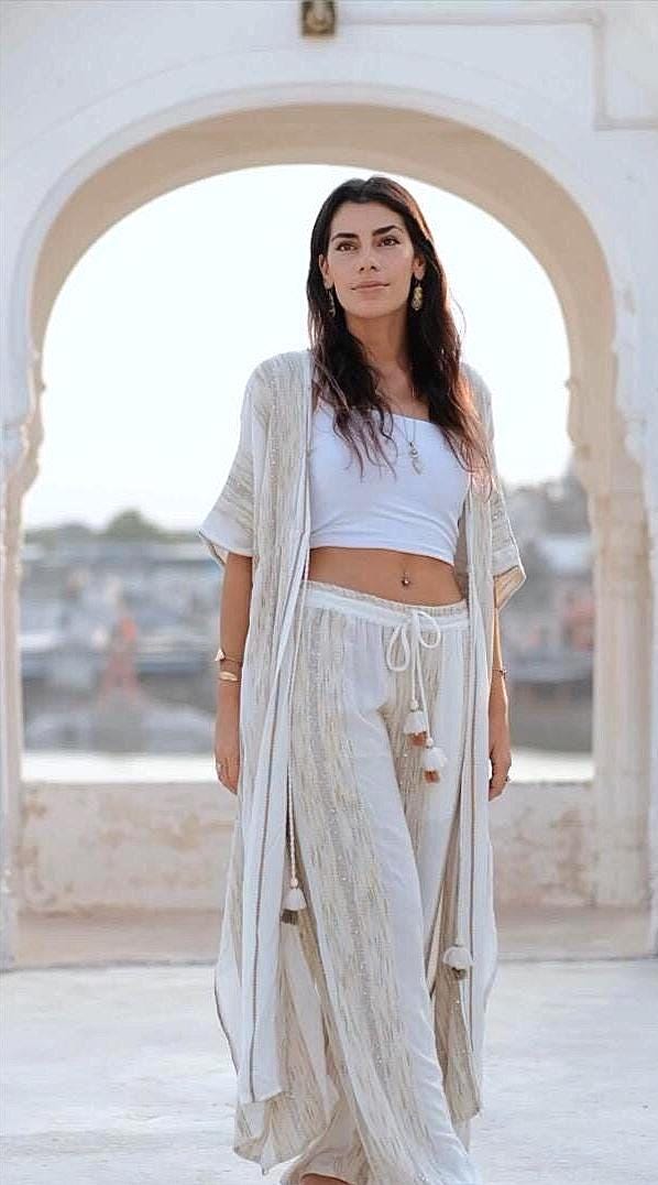 Boho Kaftan Drawstring Pants Set – Heirloom Weave, Soft Feminine Holiday Outfit Flowy Festival Style for Rosh Hashanah & Fall Gatherings