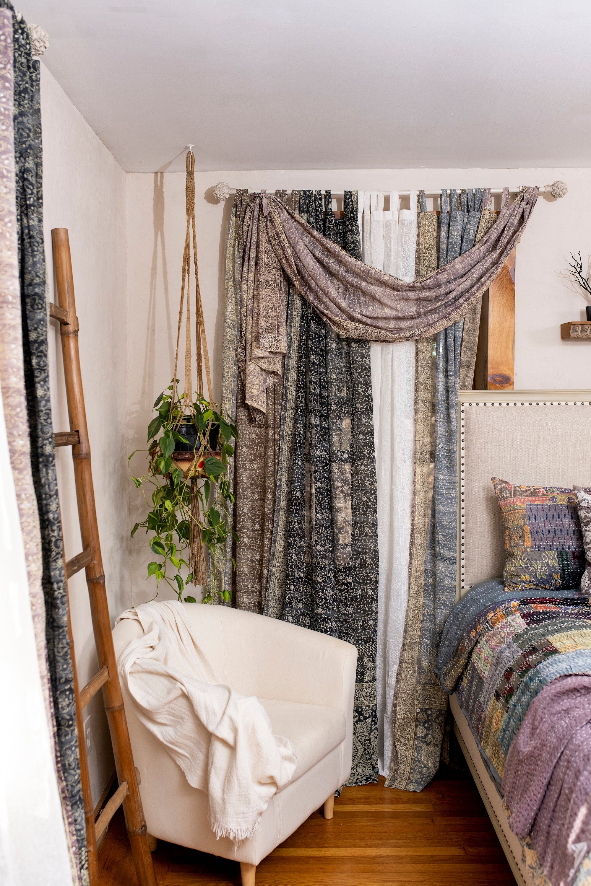 Sari Curtains 84"/96"L Boho Curtains BoHoEARTH Collection Light-Filtering Gray Black Bed Canopy backdrop Window Treatment For Living/Bedroom