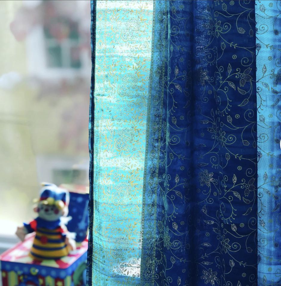 Yoga Studio Curtains Light Filtering Panels, Blue Boho Sari Curtains, Meditation Room Drapes, Sheer Window Curtains