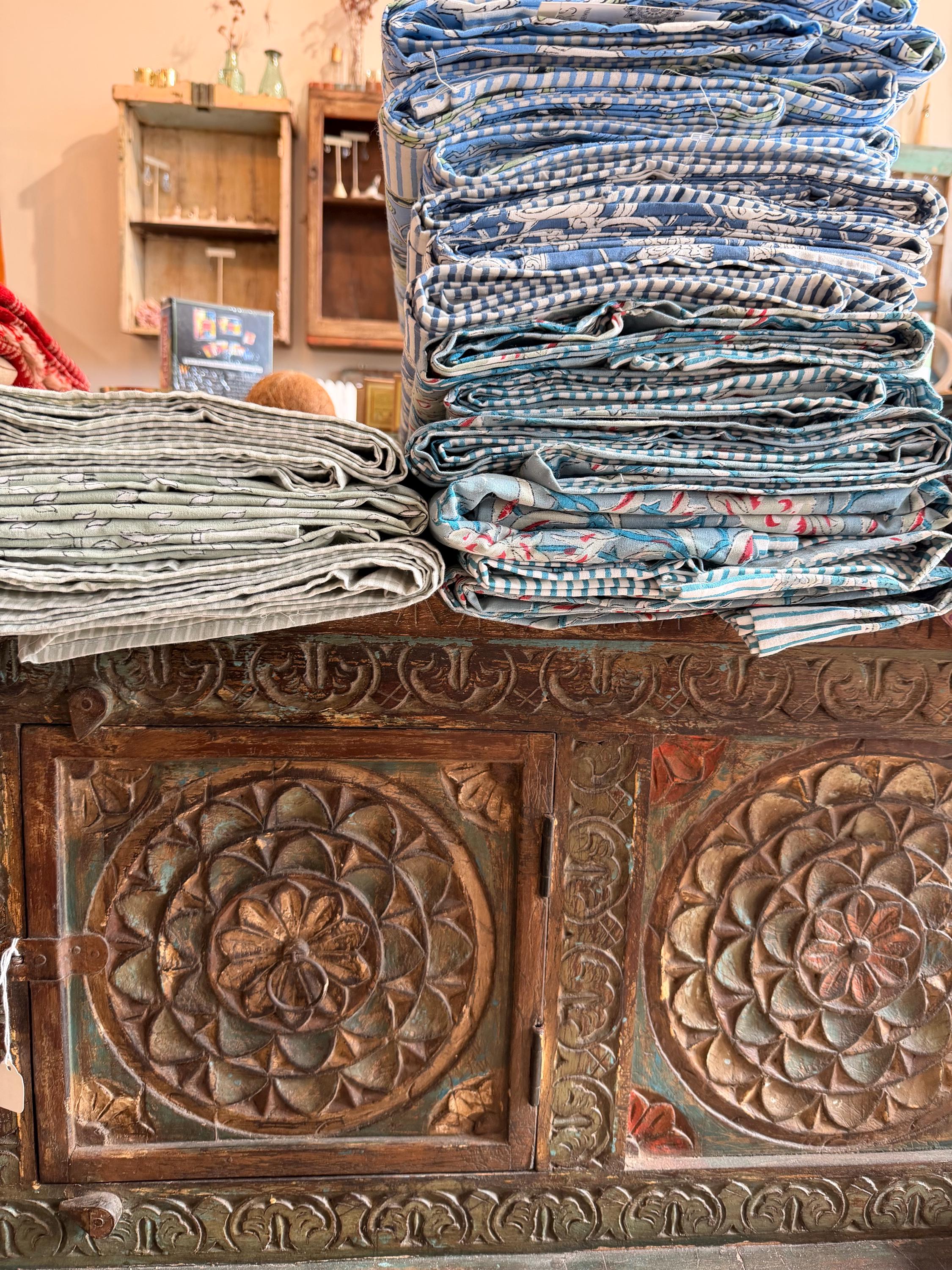 Tablecloth - Sage Lotus Design - Boho Blockprint- Handmade Cotton Table Cover - XL 120"