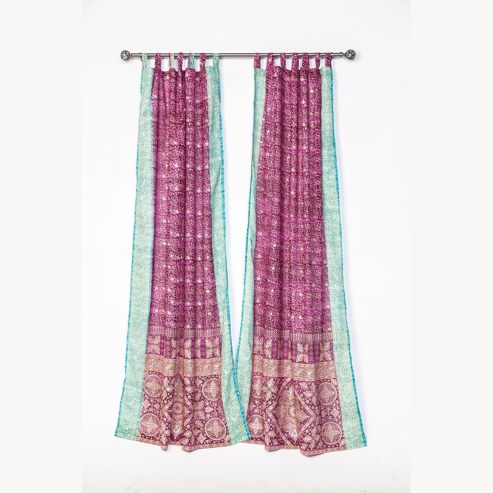 Boho Sari Curtains - Magenta Aqua Window Panels - Light Filtering Sheer Drapes - Colorful Bohemian Living Room Decor