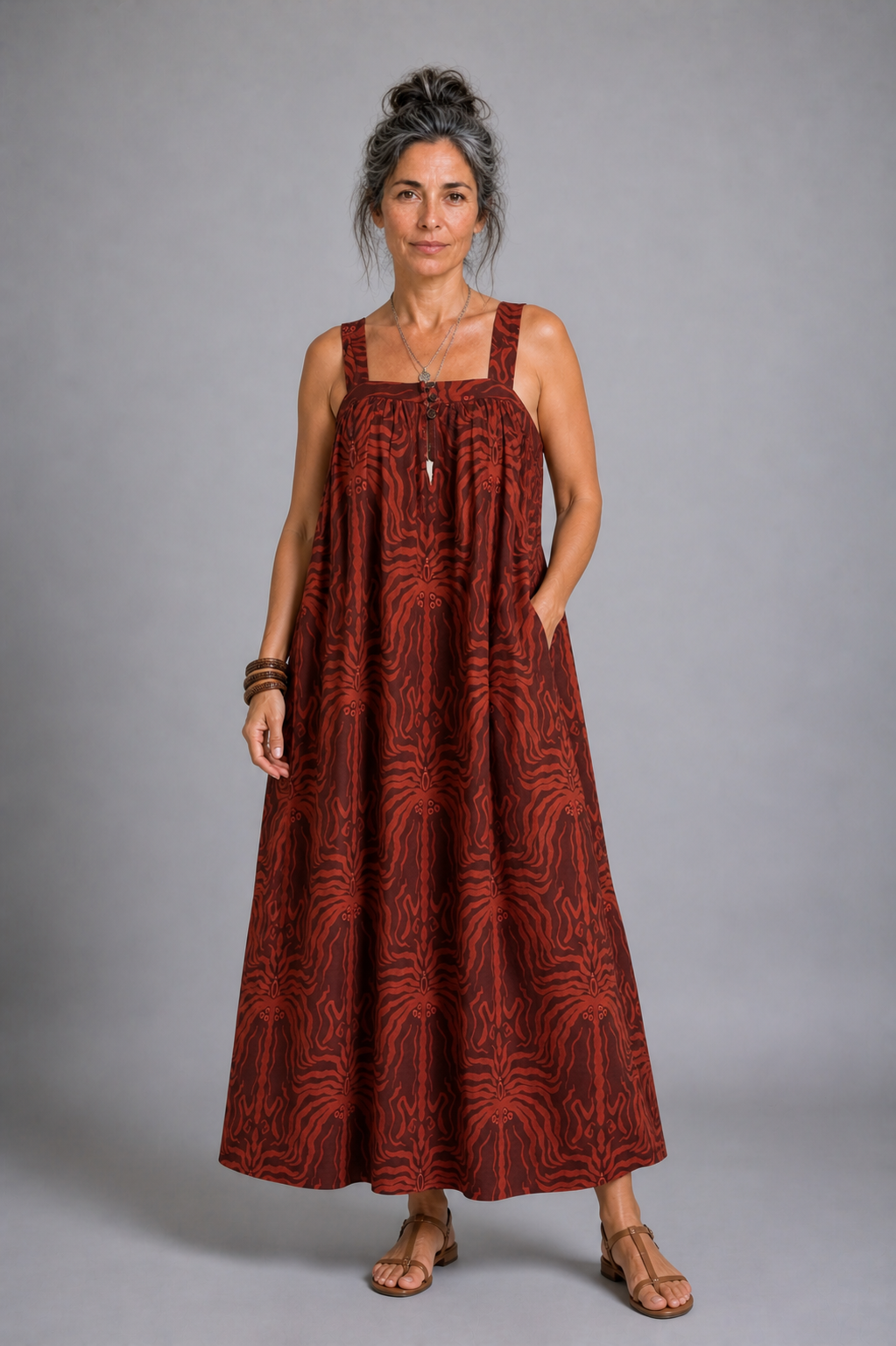 CLRS Woman - Tribal Print Maxi Dress - Relaxed Boho Sundress with Pockets