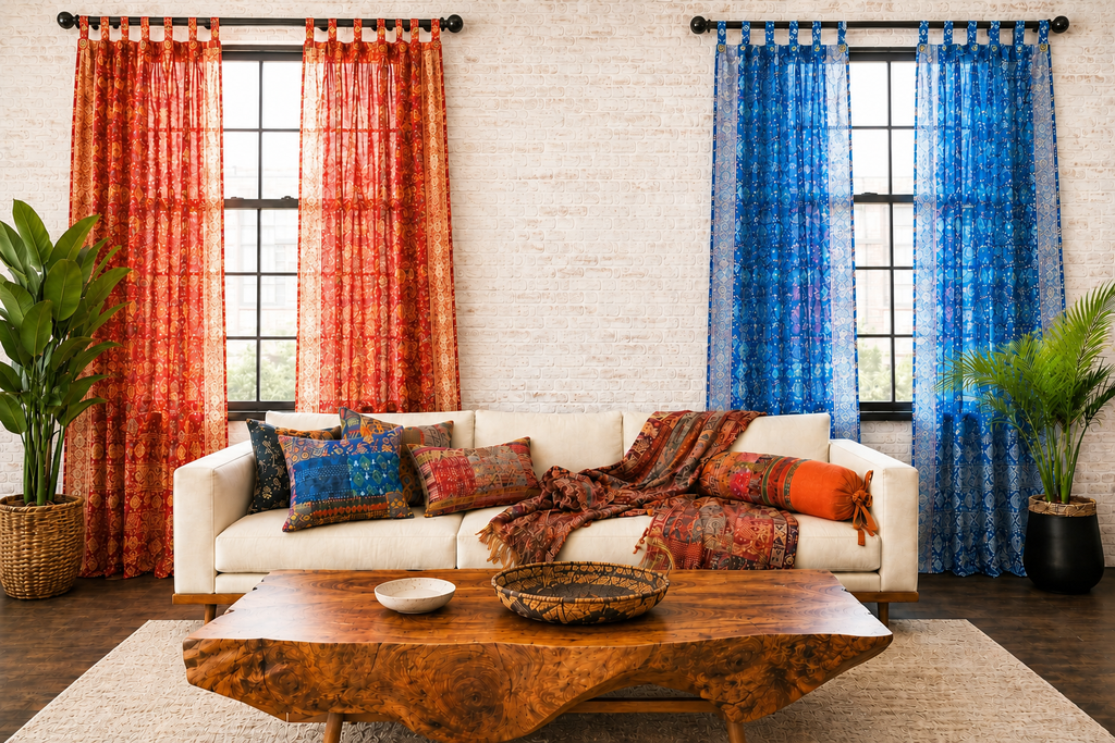 Mixing Colors Copper Indigo Sari Curtains Boho Light filtering Window Treatment 84"L sheer drapes