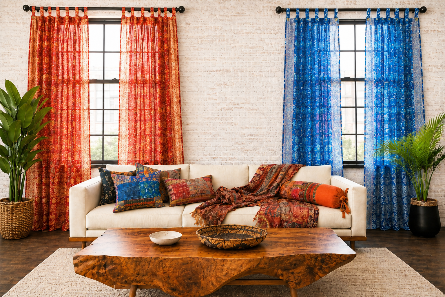 Mixing Colors Copper Indigo Sari Curtains Boho Light filtering Window Treatment 84"L sheer drapes