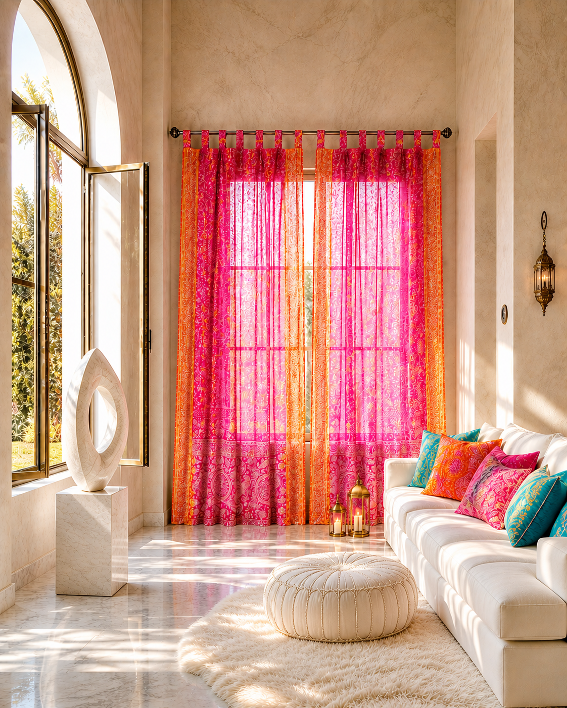 Boho Curtains Light-Filtering Sari Curtains 84"/96"L, Bed Canopy, Backdrop Fuschia Rust Window Treatment For Living/Bedroom