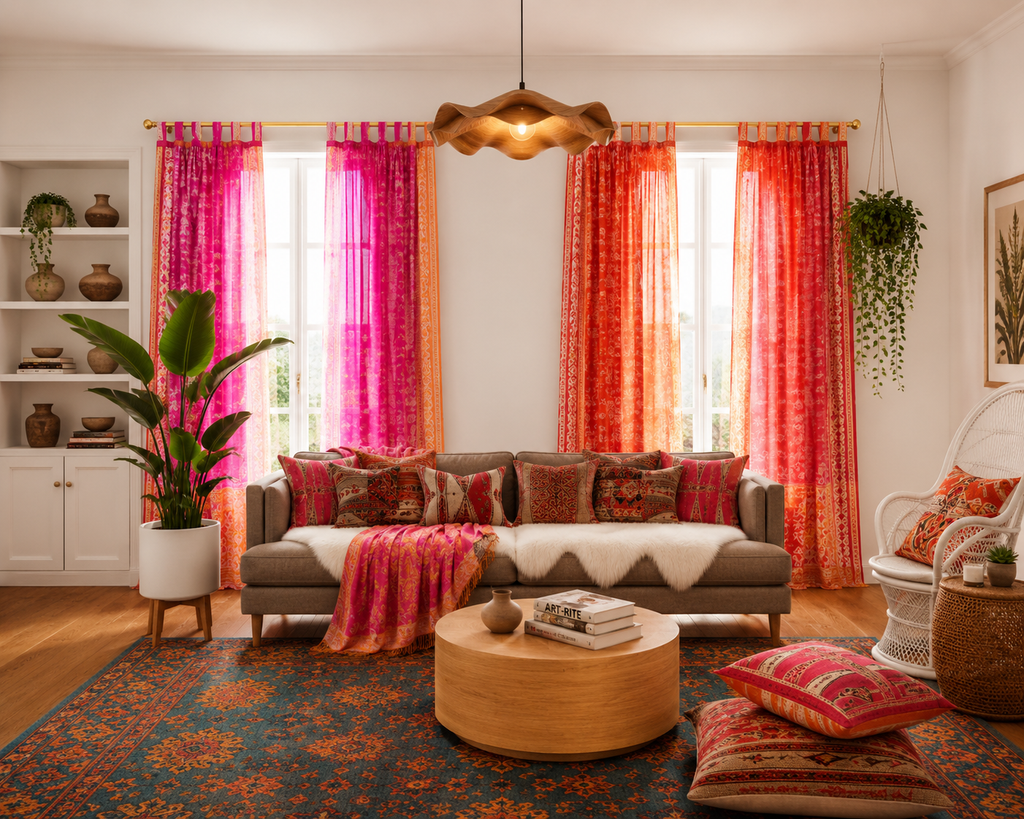 Mixing Fuchsia Orange Boho Curtains Light-Filtering Sari Curtains Window Treatment For Living/Bedroom