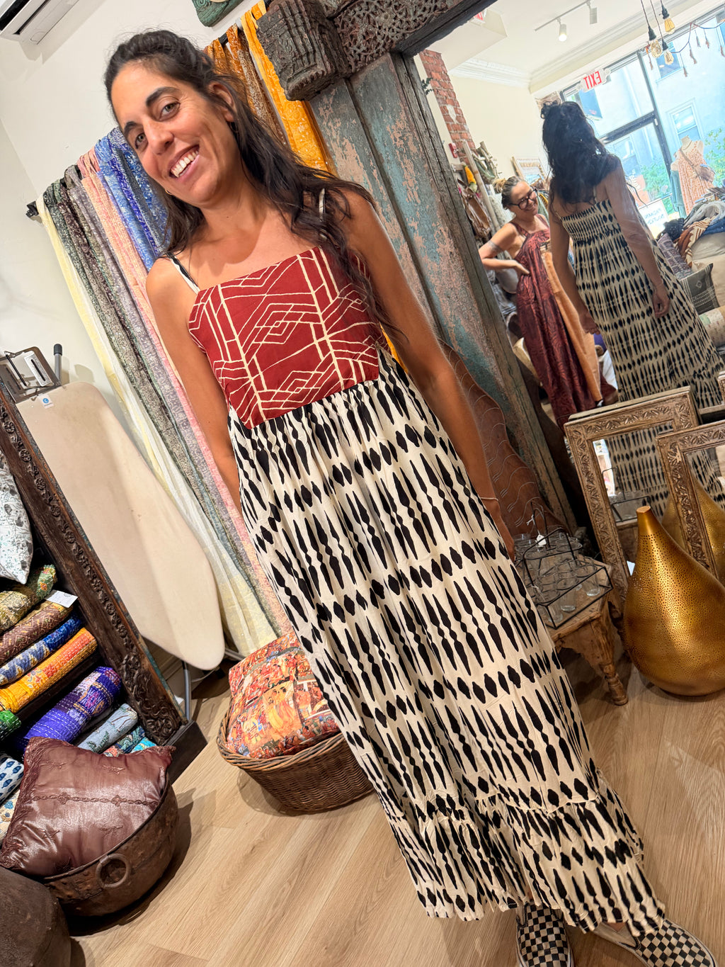 CLRS Woman - Black Ikat Patchwork Maxi Dress - Boho Tiered Sundress with Smocked Back
