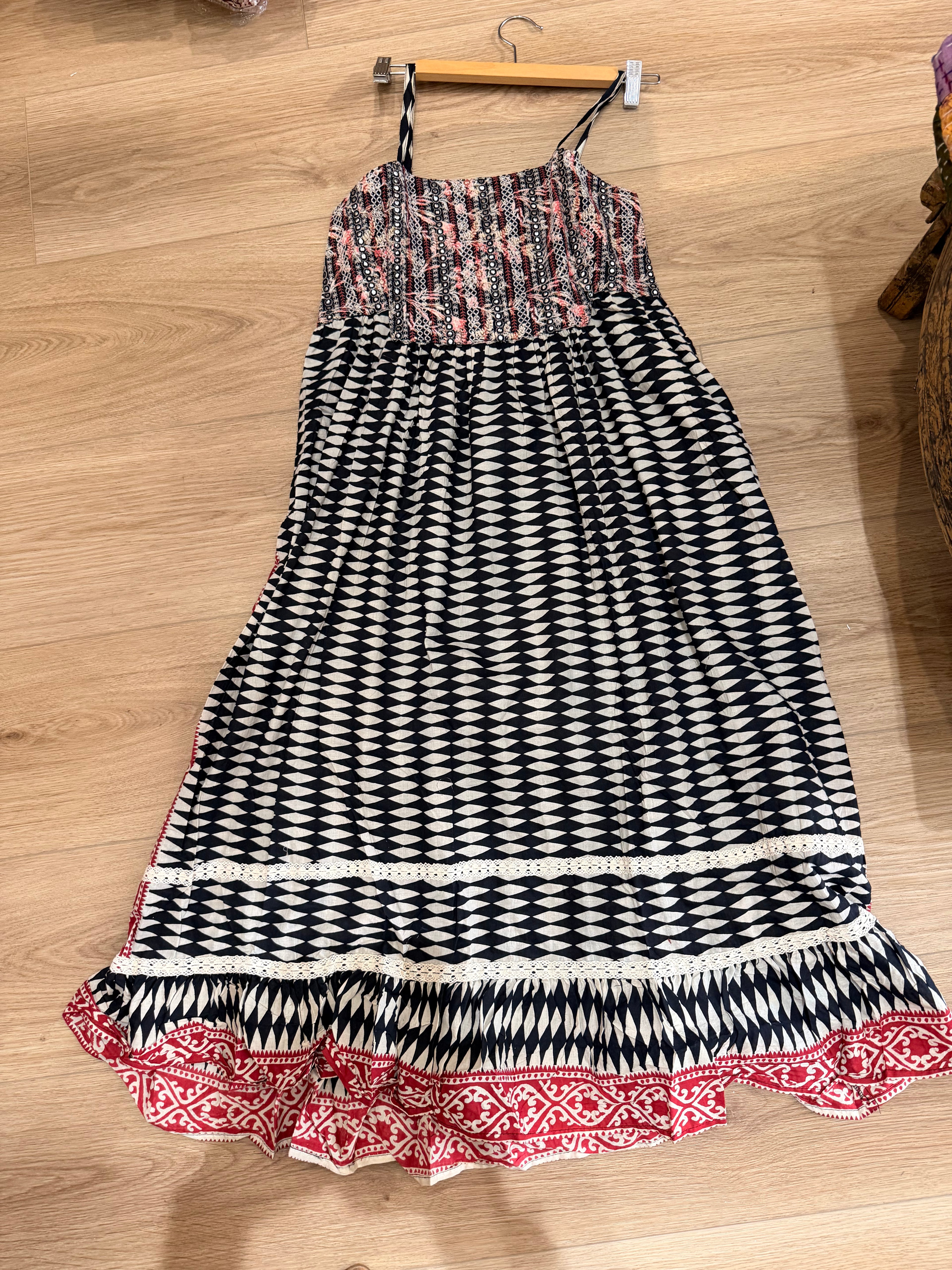 CLRS Woman - Mixed Block Print Patchwork Maxi Dress - Mirror work bodice