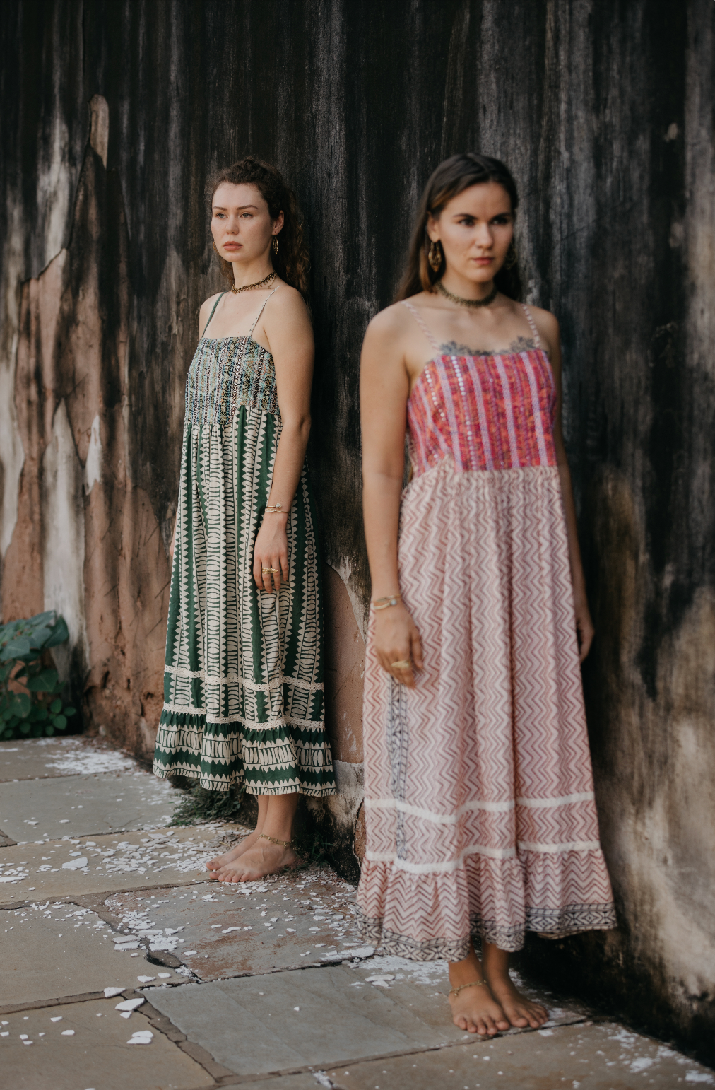 CLRS Woman - Mixed Block Print Patchwork Maxi Dress - Mirror work bodice
