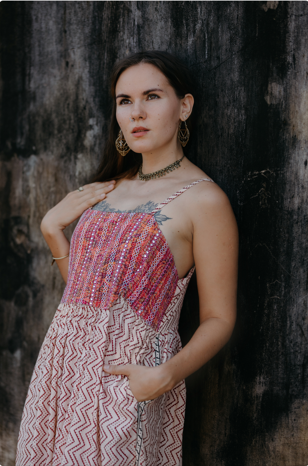 CLRS Woman - Mixed Block Print Patchwork Maxi Dress - Mirror work bodice
