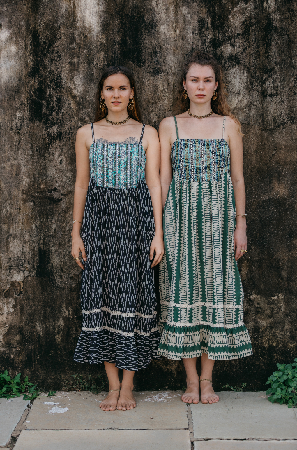 CLRS Woman - Mixed Block Print Patchwork Maxi Dress - Mirror work bodice