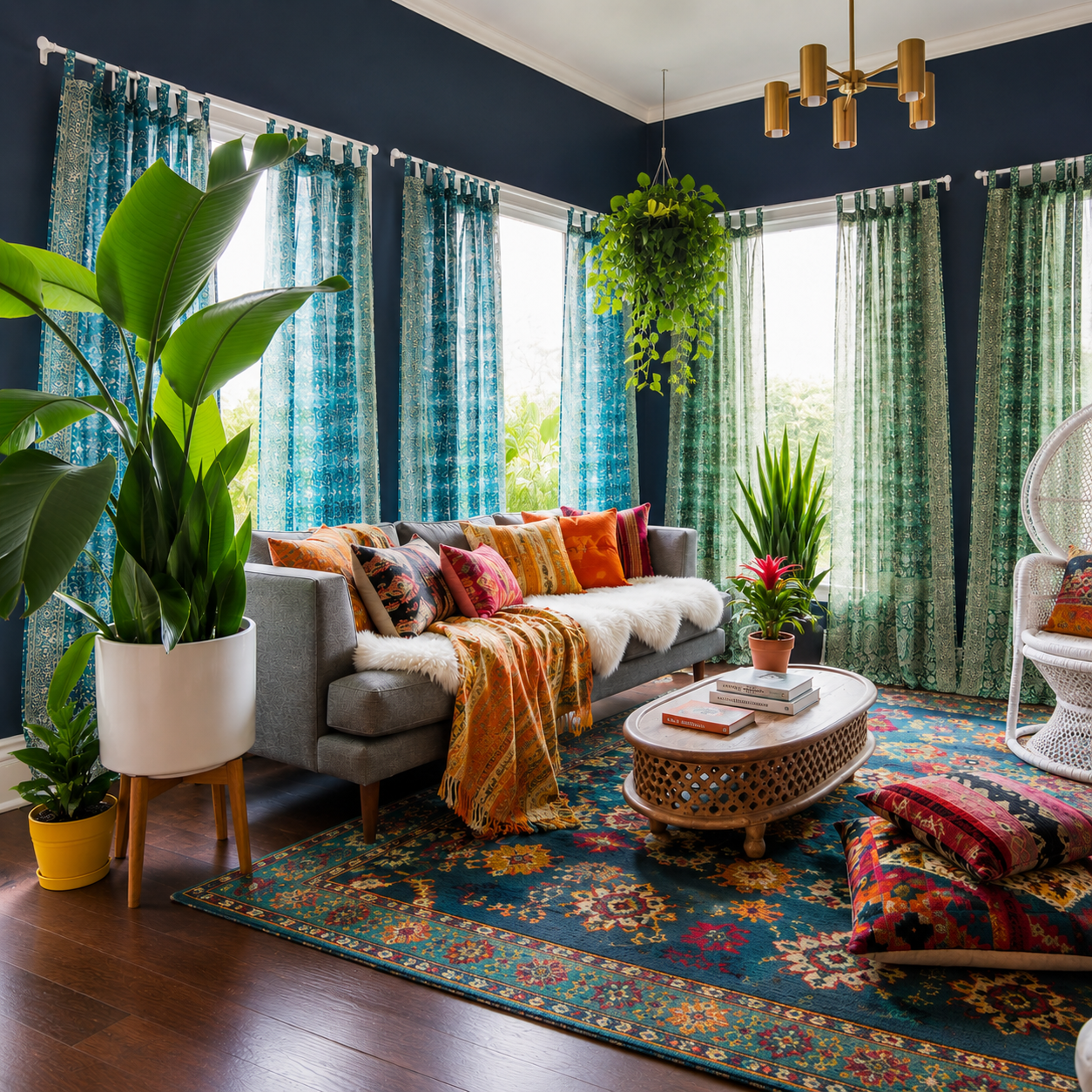 Mixing colors in one space, Pine Green and Teal Sari Lined panels, Curtains Light-Filtering, Boho Window Treatment