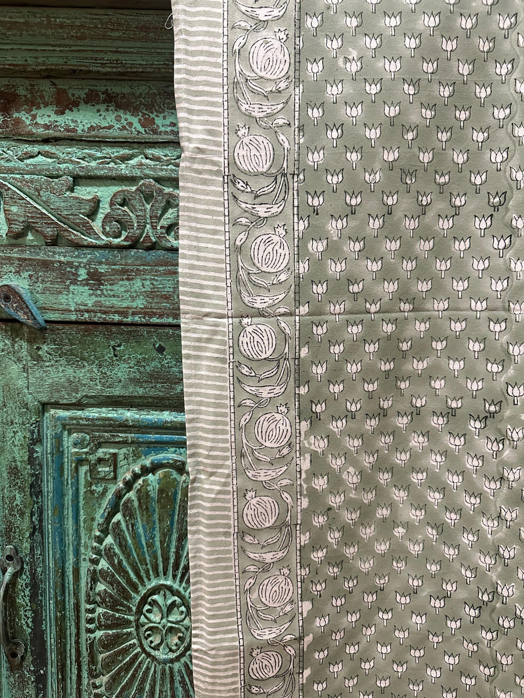 Decorative hand Block Print Tablecloth–Boho Cotton with Lush Fruit & Floral Motifs, Washable Cotton XL 120"L or 90x60w Dinner Holiday Table