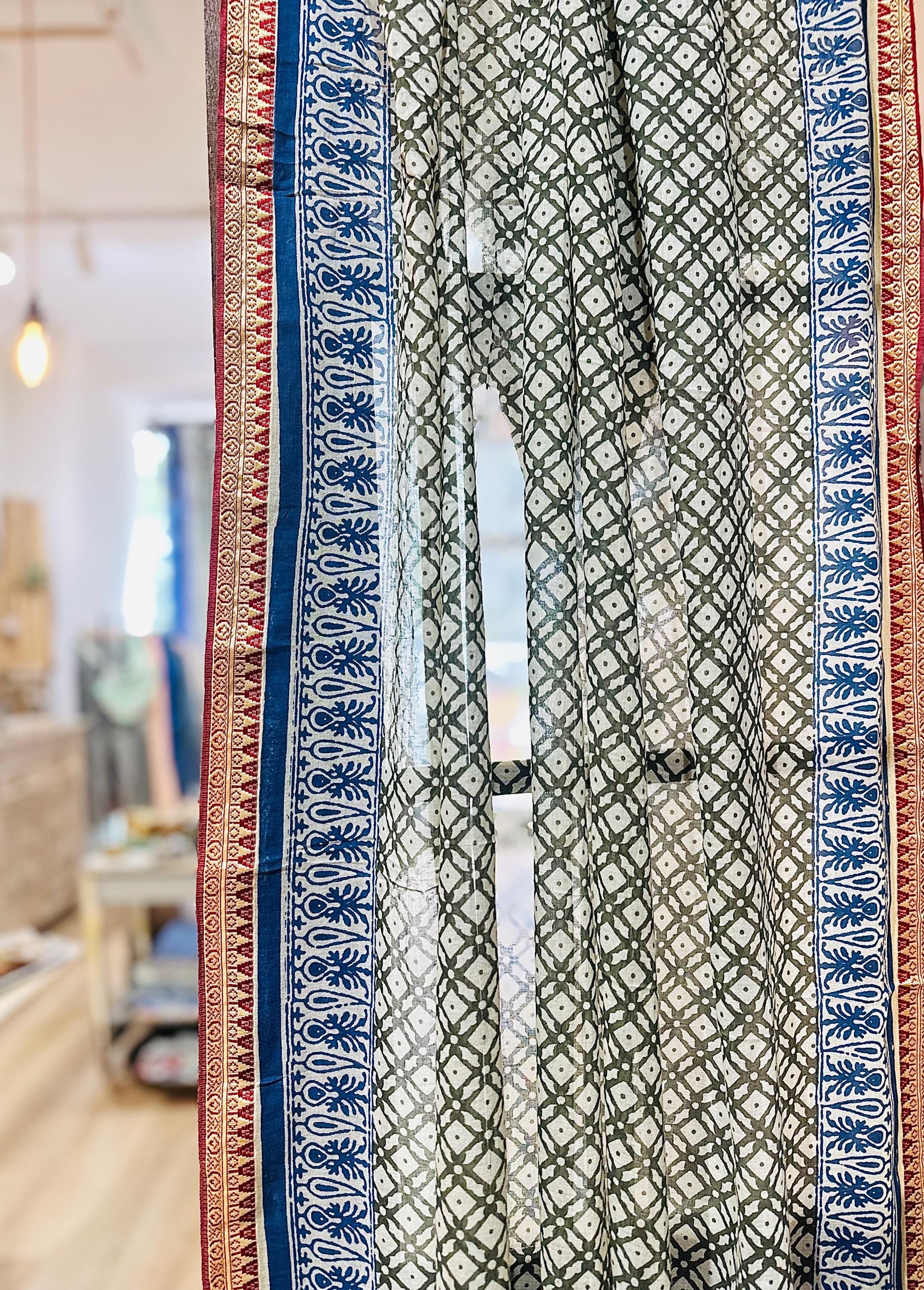 96" Block Print Cotton Curtains•Boho Tab Top Drapes with Border • Light Filtering Bohemian Style Curtain•Natural Cotton Style light Curtain