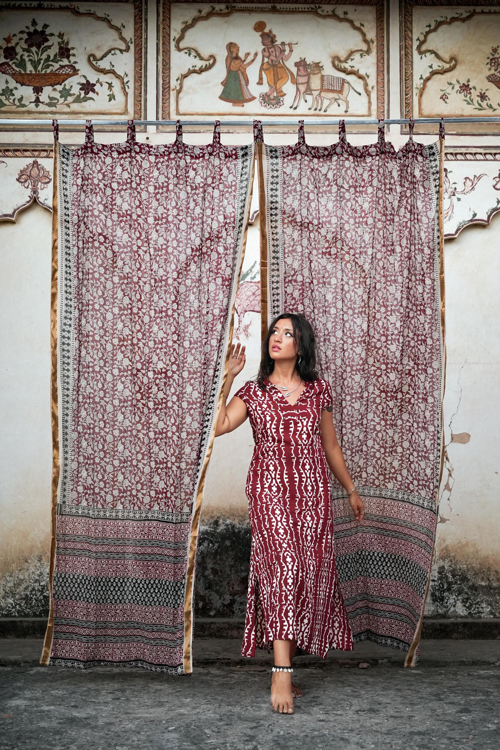 96" Block Print Cotton Curtains•Boho Tab Top Drapes with Border • Light Filtering Bohemian Style Curtain•Natural Cotton Style light Curtain
