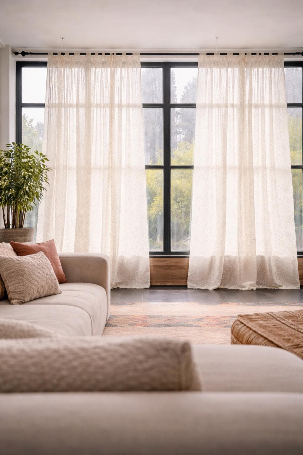 Boho Sari Curtains - Vanilla Off White Sheer Panels - Subtle Luminous Thread - Light Filtering Neutral Window Drapes