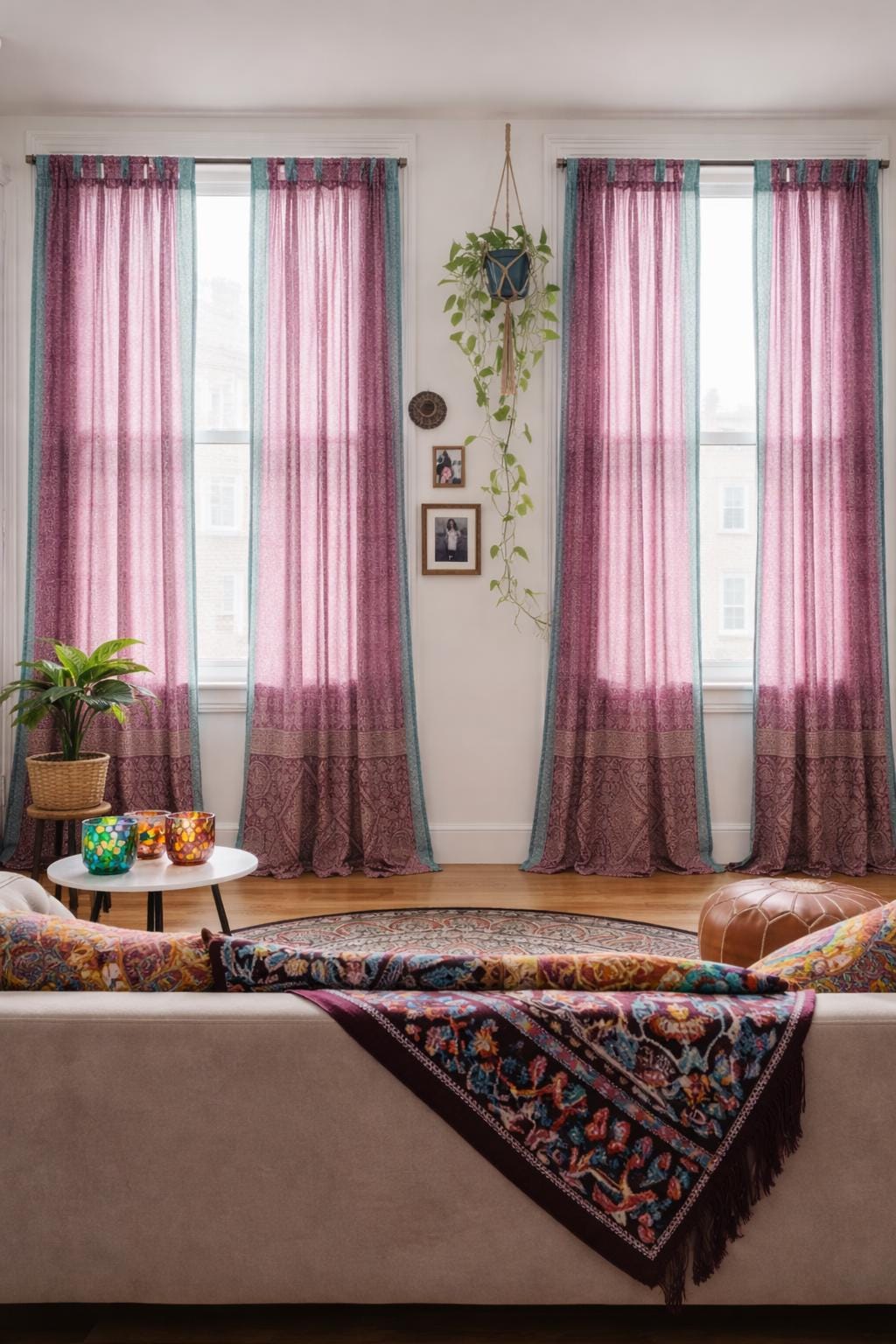 Sari Curtains, Magenta Aqua Light filtering , Block Print Boho Window Treatment