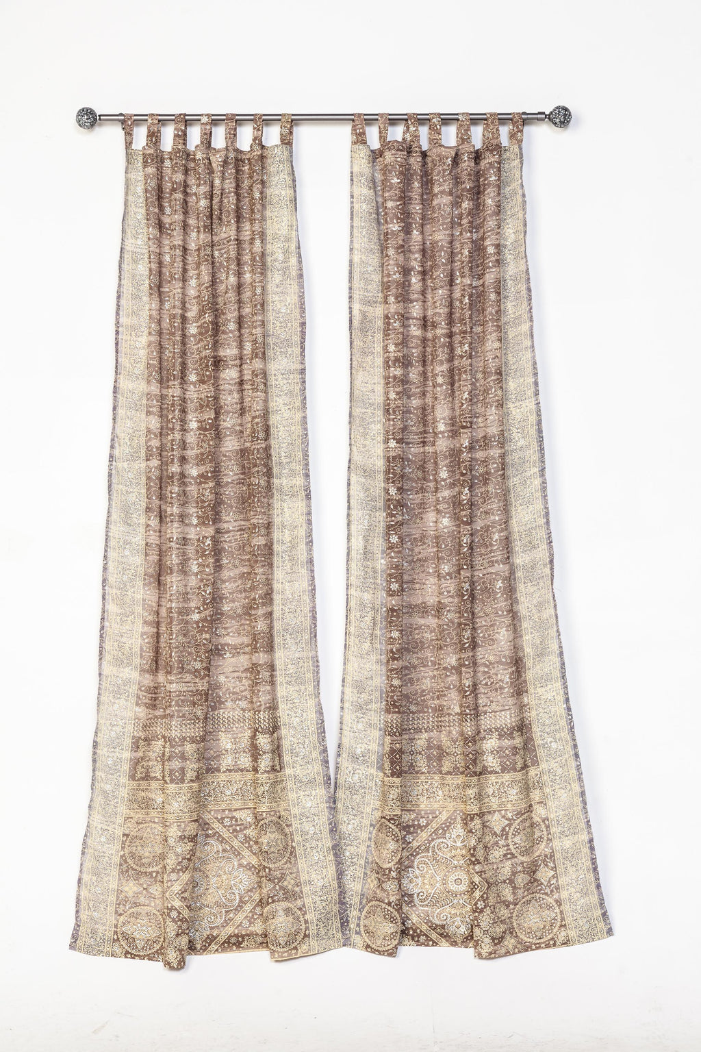 Boho Sari Curtains - Taupe Silver Sheer Panels - Light Filtering Neutral Drapes - Soft Metallic Window Curtains