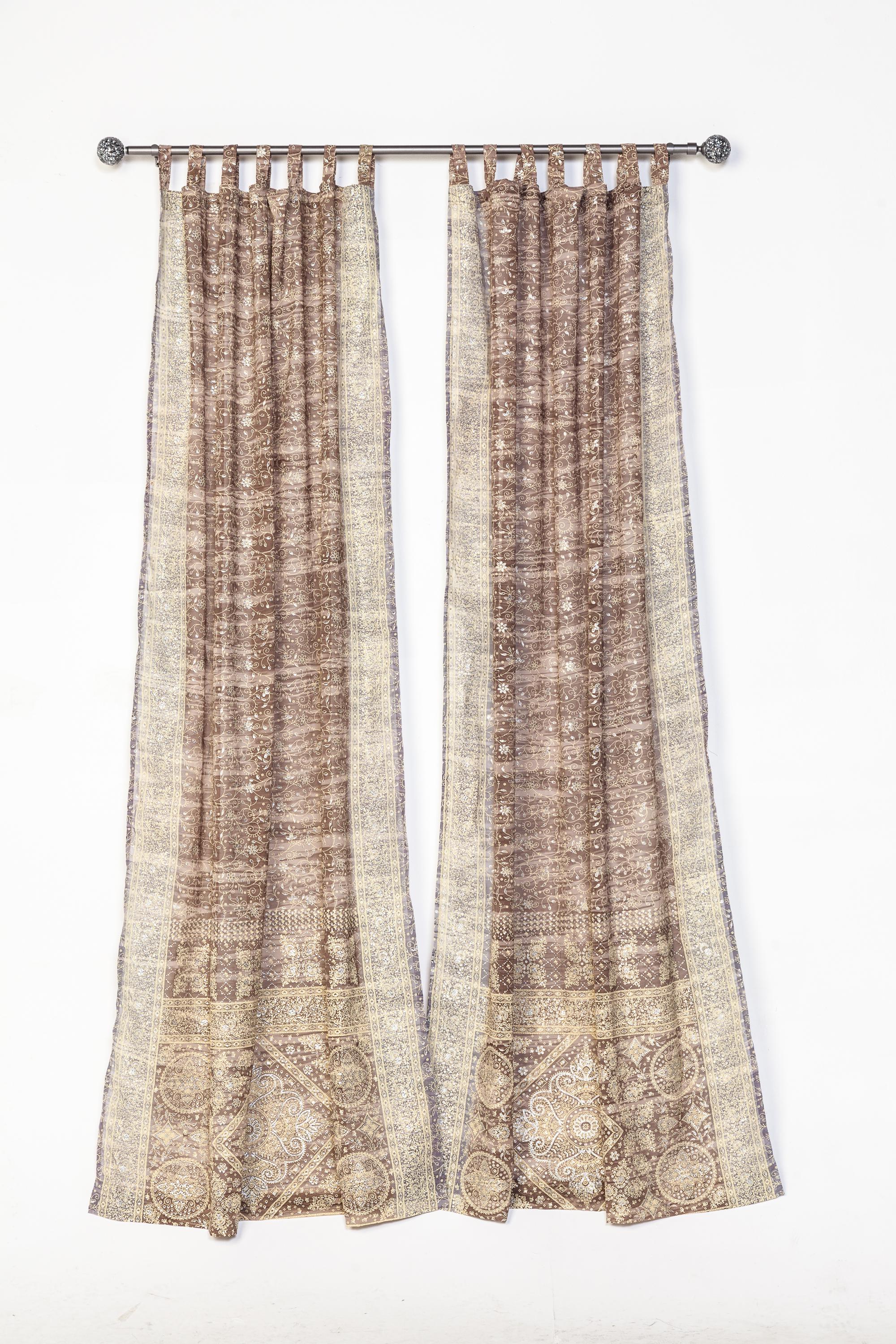 Boho Sari Curtains - Taupe Silver Sheer Panels - Light Filtering Neutral Drapes - Soft Metallic Window Curtains