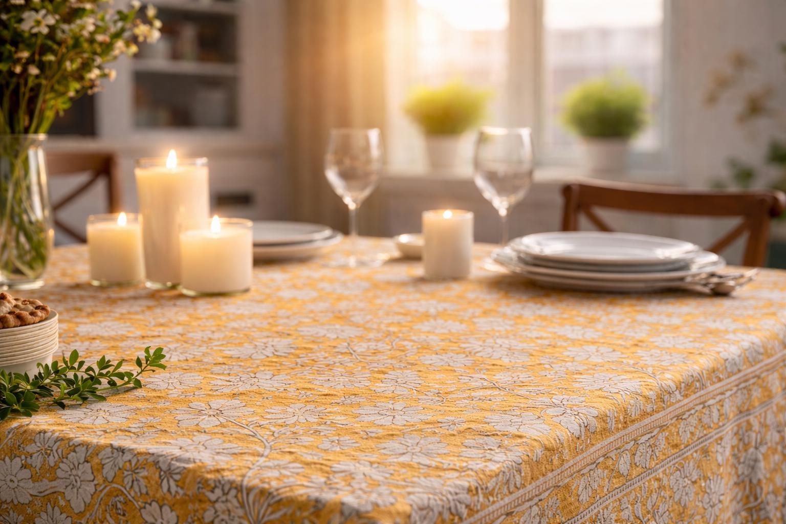 Hand Blockprint Cotton Tablecloth – Sage Lotus Design, Boho Holiday Decor
