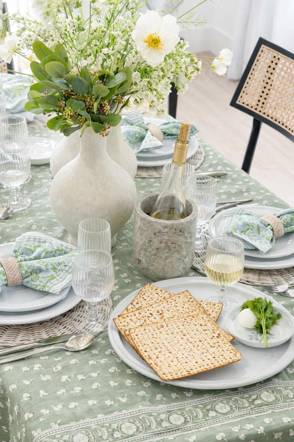 Tablecloth - Sage Lotus Design - Boho Blockprint- Handmade Cotton Table Cover - XL 120"
