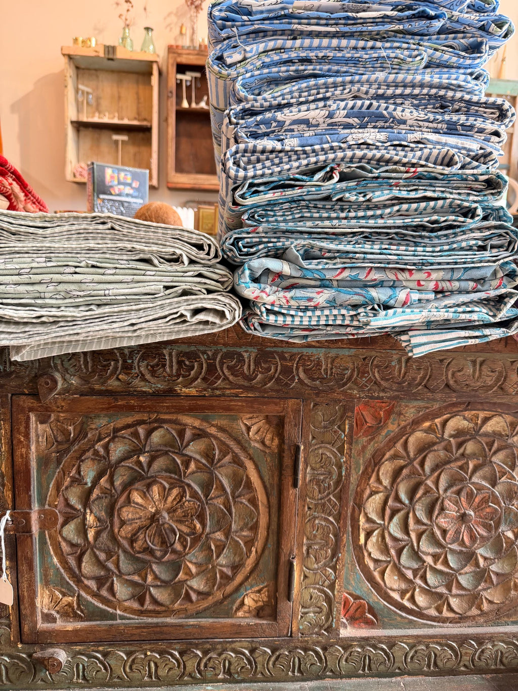 Hand Blockprint Cotton Tablecloth – Sage Lotus Design, Boho Holiday Decor