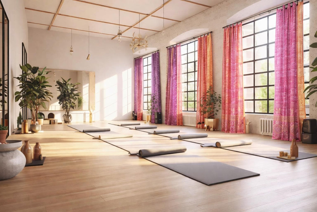 Yoga Room Curtains 84"L  Jewel Tones Purple fuchsia Rust light filtering