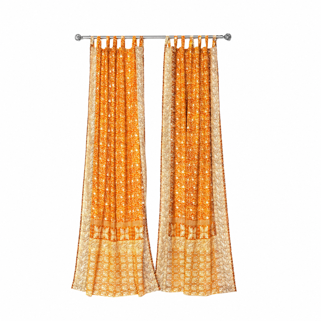 Light-Filtering Sari Curtains 84"/96"L Boho Curtains, sheer drapes Bed Canopy, Amber Gold Window Treatment Living/Bedroom