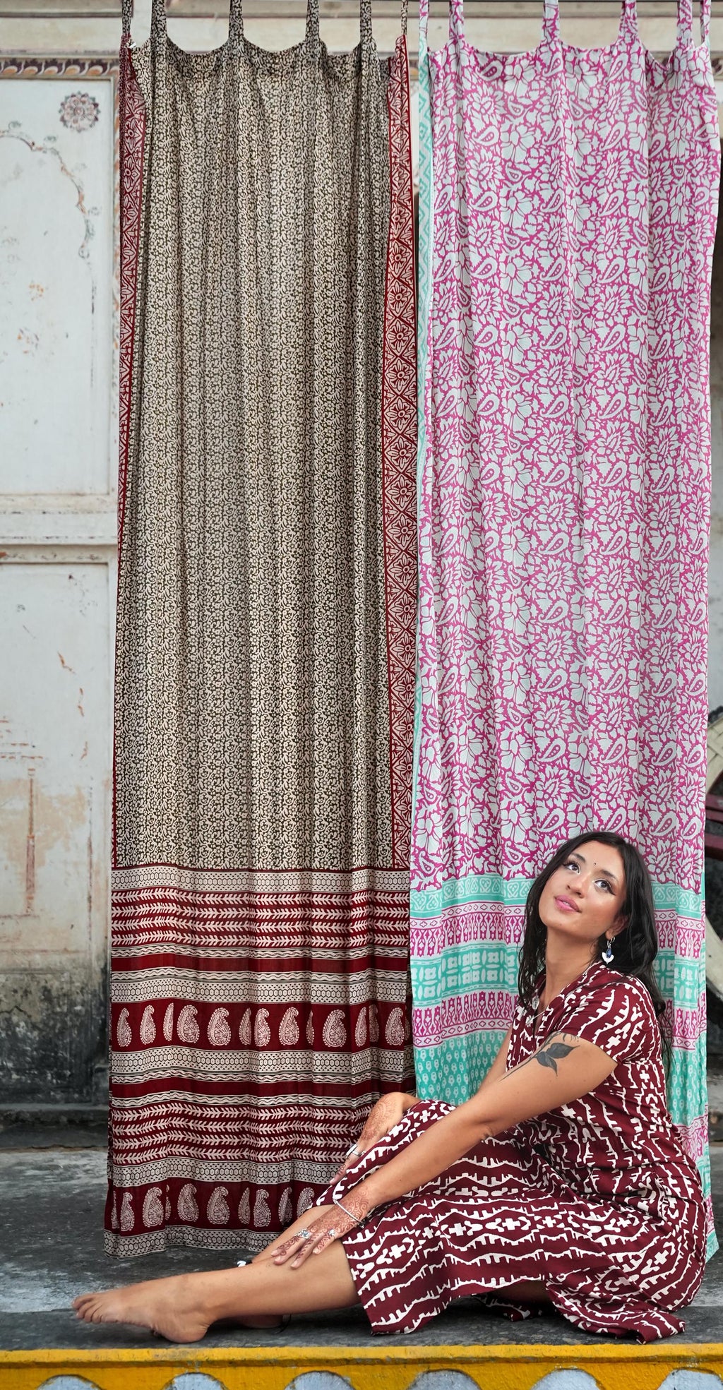 96" Block Print Rayon Curtains•Boho Tab Top Drapes with Border • Light Filtering Bohemian Style Curtain•Natural Cotton Style light Curtain