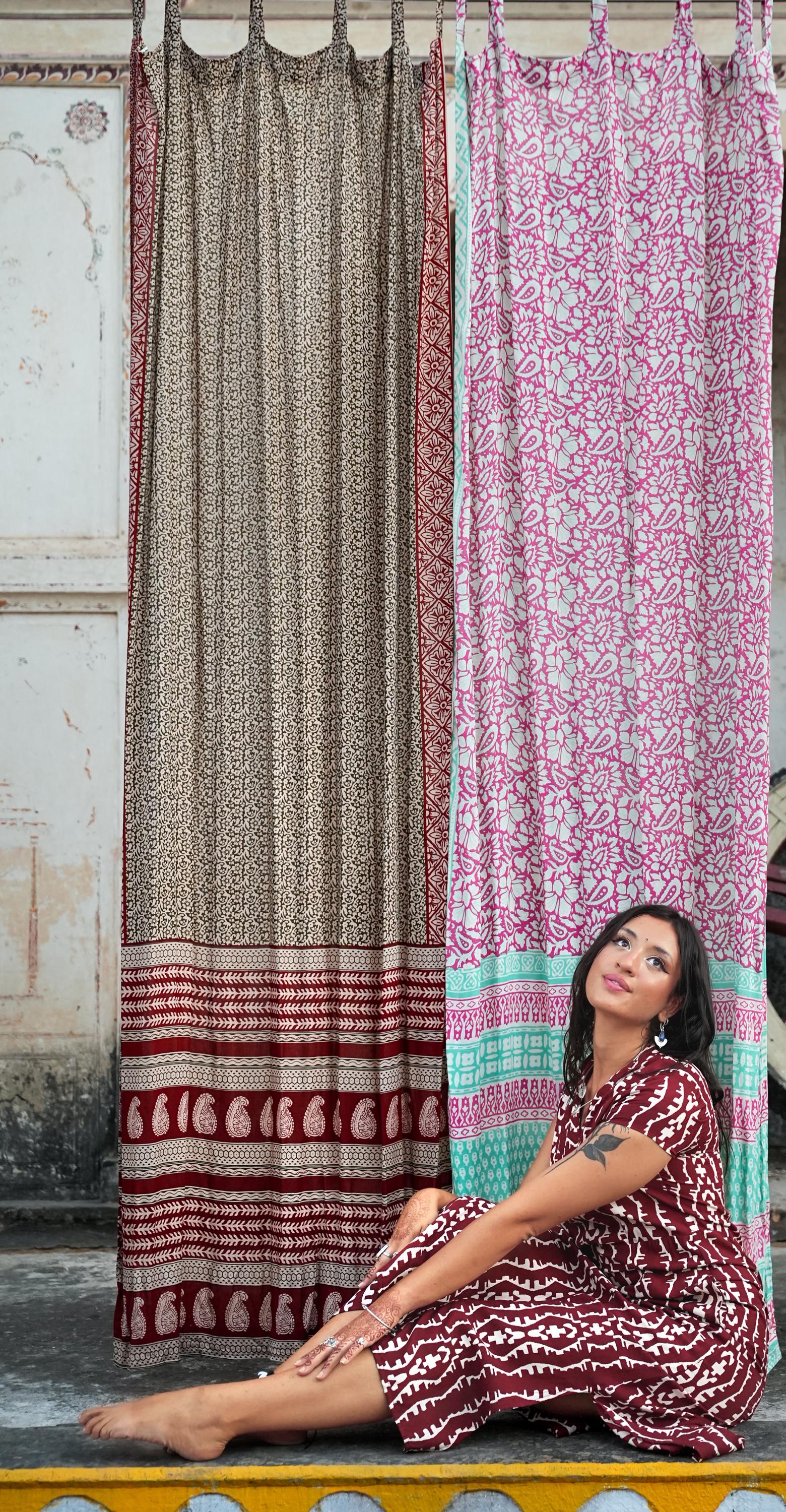 96" Block Print Rayon Curtains•Boho Tab Top Drapes with Border • Light Filtering Bohemian Style Curtain•Natural Cotton Style light Curtain
