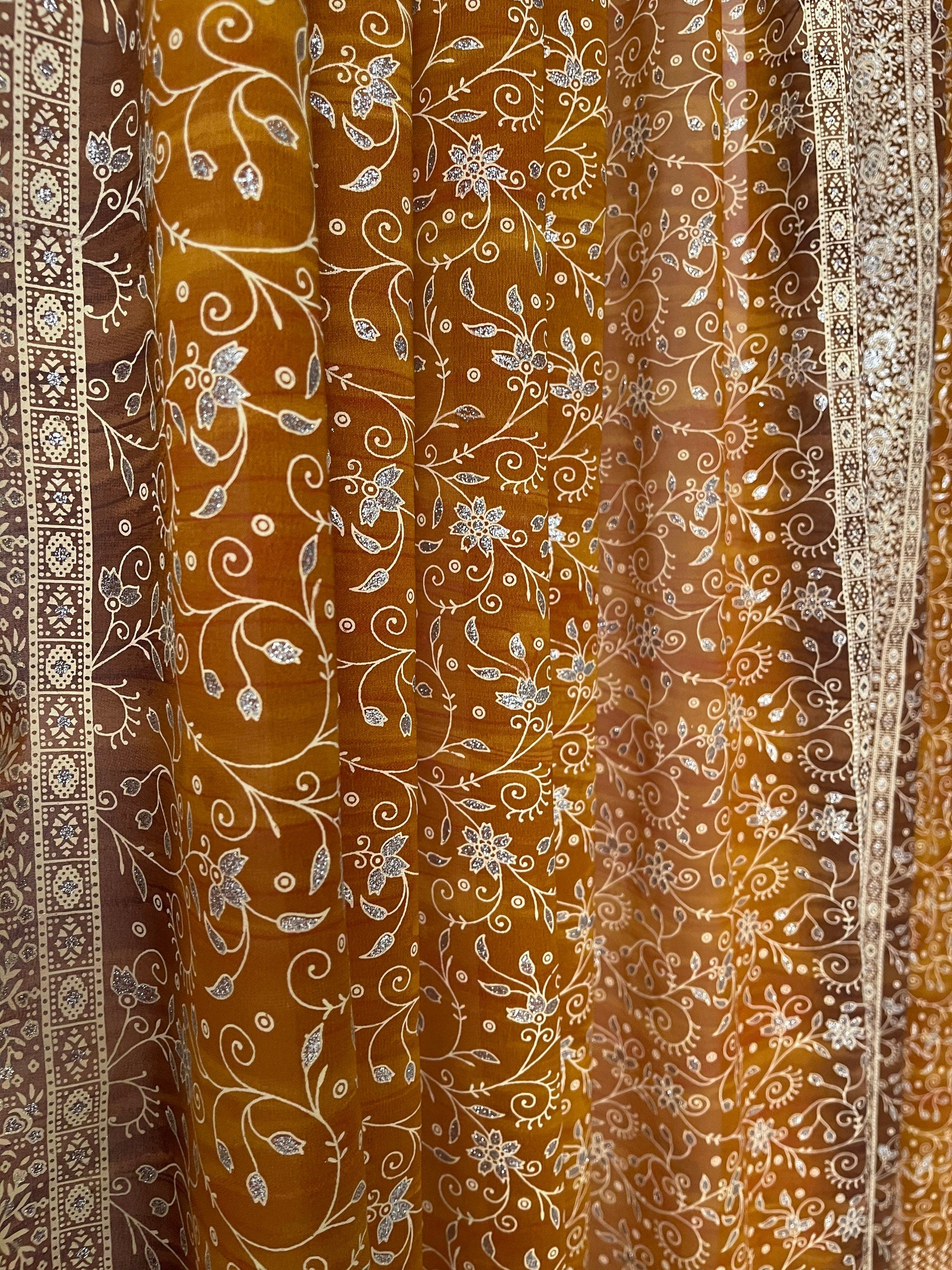 Amber Gold Sari Curtains, Block Print Sheer Drapes, Boho Window Treatment
