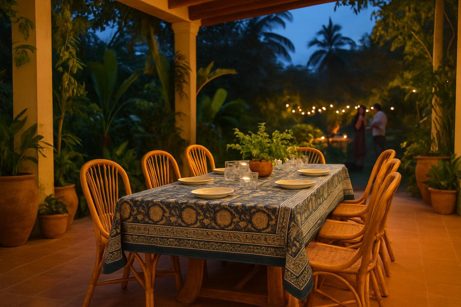 Decorative hand Block Print Tablecloth–Boho Cotton with Lush Fruit & Floral Motifs, Washable Cotton XL 120"L or 90x60w Dinner Holiday Table