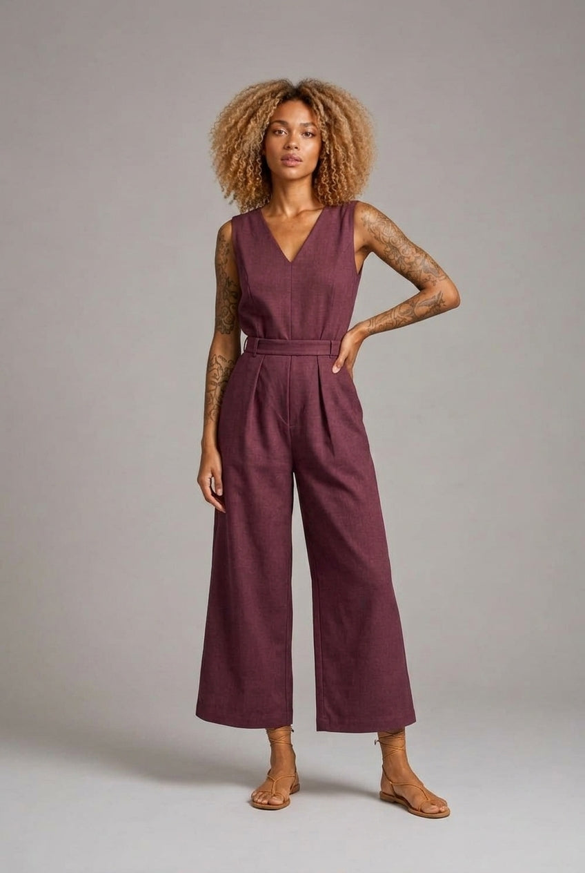 CLRS Woman - Wide Leg Jumpsuit - Minimal Sleeveless Belted One Piece
