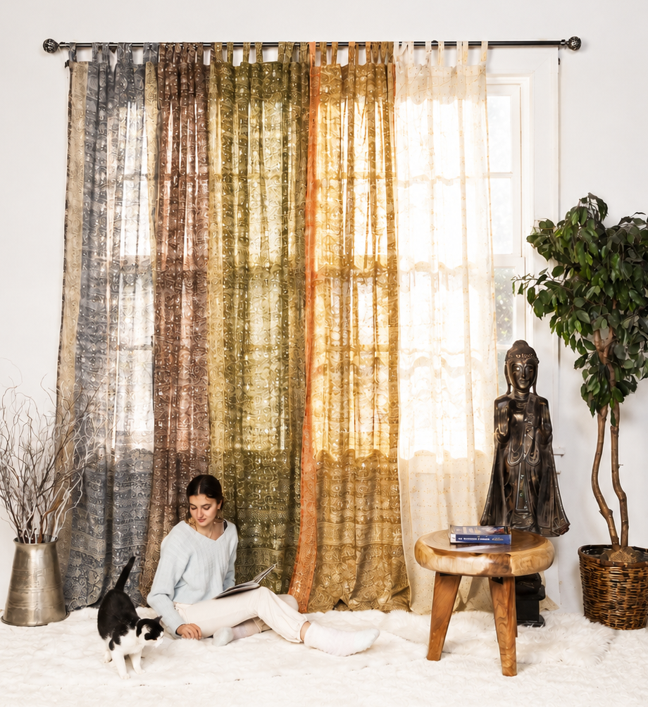 Block Print Sari Curtains, Light filtering , Boho Window Treatment, 84/96"L