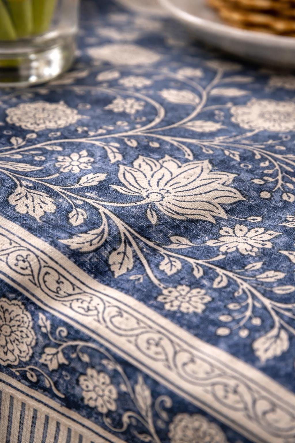 Tablecloth - Blue Lotus Pomegranate print  - Handmade Cotton Table Cover - Holiday Entertaining - XL 90" and 120"