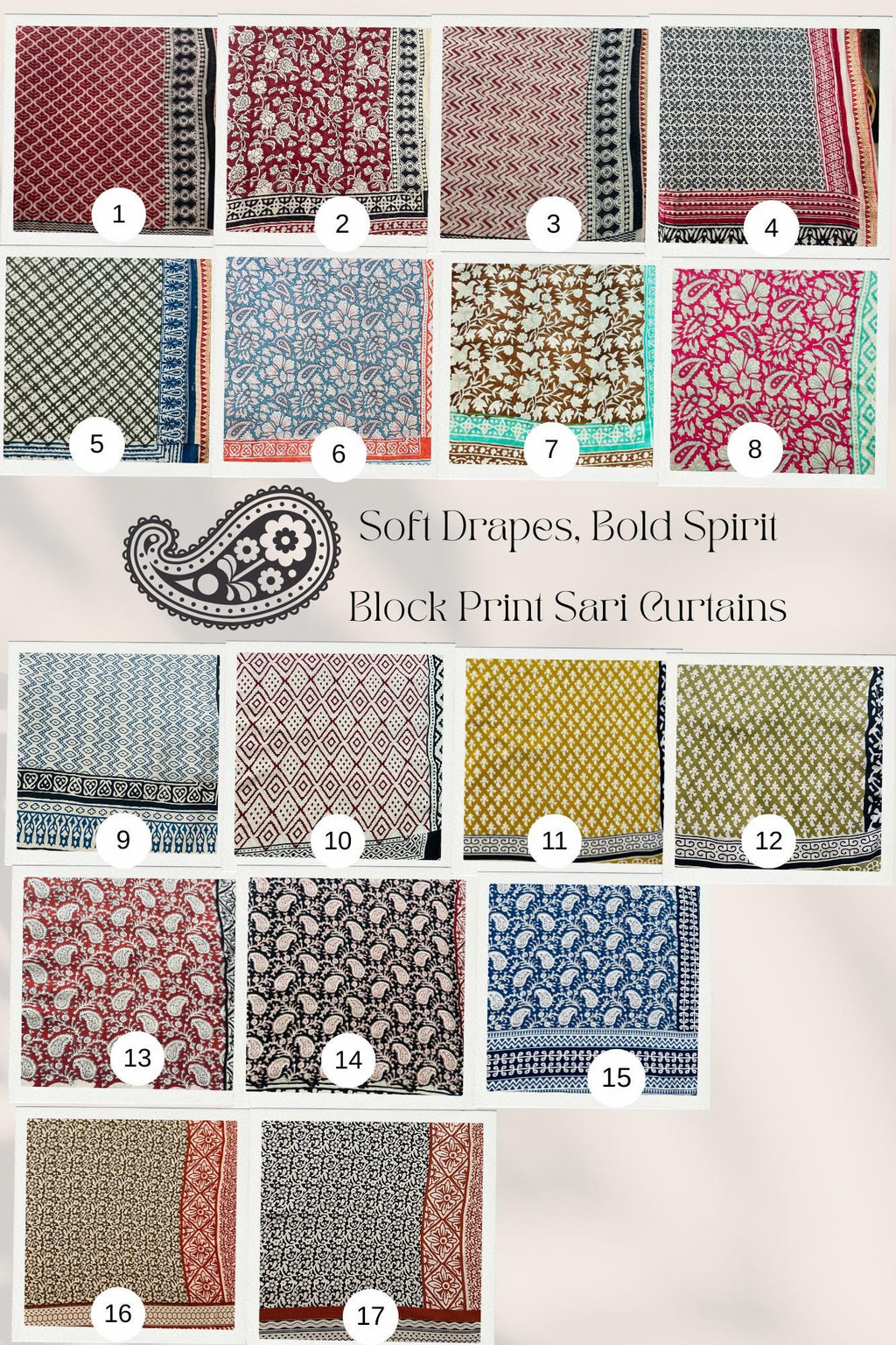 96" Block Print Rayon Curtains•Boho Tab Top Drapes with Border • Light Filtering Bohemian Style Curtain•Natural Cotton Style light Curtain