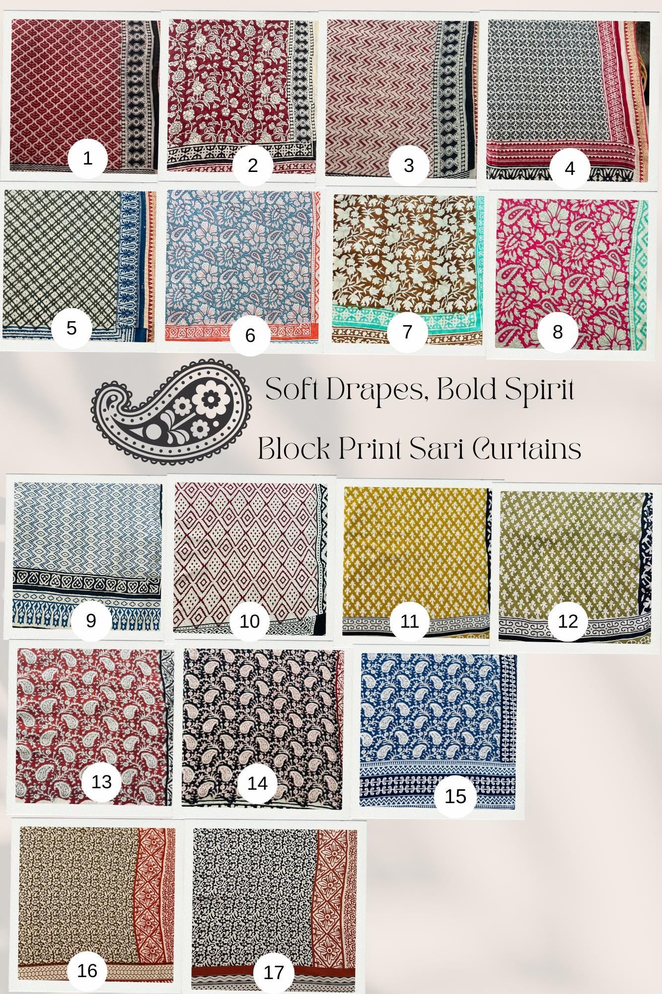 96" Block Print Rayon Curtains•Boho Tab Top Drapes with Border • Light Filtering Bohemian Style Curtain•Natural Cotton Style light Curtain