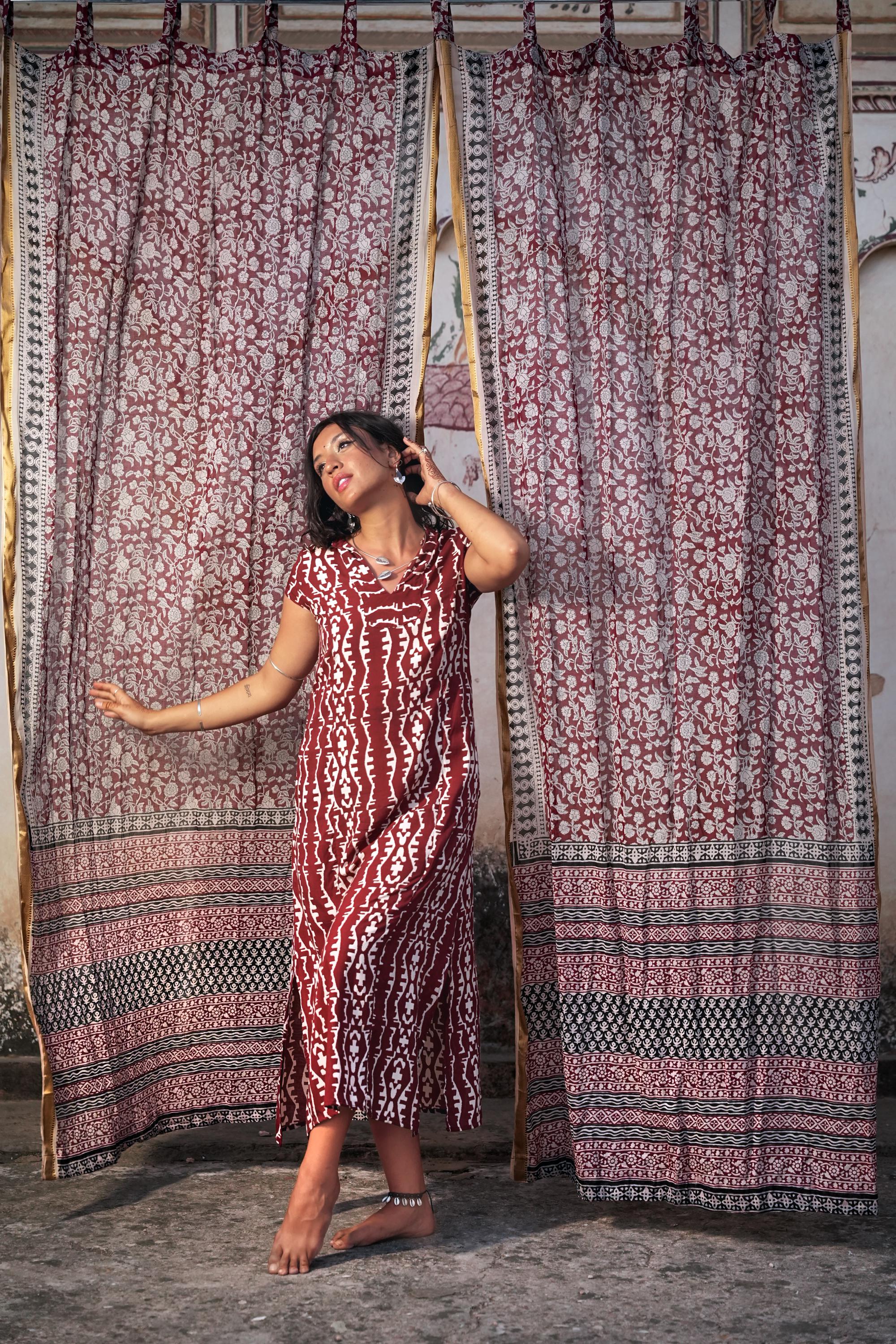96" Block Print Cotton Curtains•Boho Tab Top Drapes with Border • Light Filtering Bohemian Style Curtain•Natural Cotton Style light Curtain